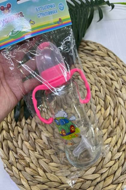 Бутылочка для кормления с ручками стекло Бусинка 3мес+ 250мл (Цвет: Розовый)